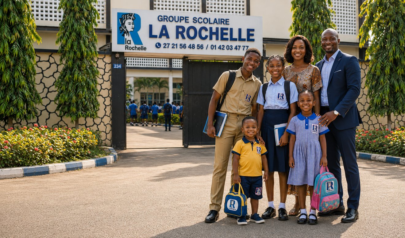 Une famille devant l'entrée du Groupe Scolaire La Rochelle